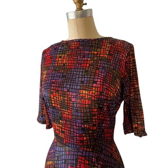 Vintage 70's Ike Clark Slinky Geometric Print Fit and Flare Dress - Picture 2 of 12